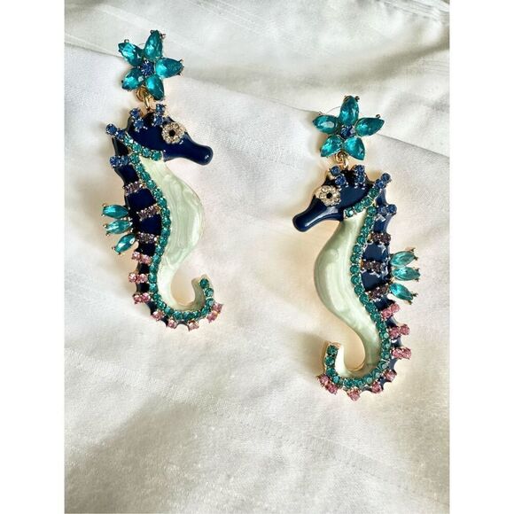 Navy blue and rhinestone seahorse dangle earrings ￼ - Picture 1 of 5